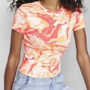 Women's Ribbed Marble Slim-fit Cropped Top - Orange,yellow, and white